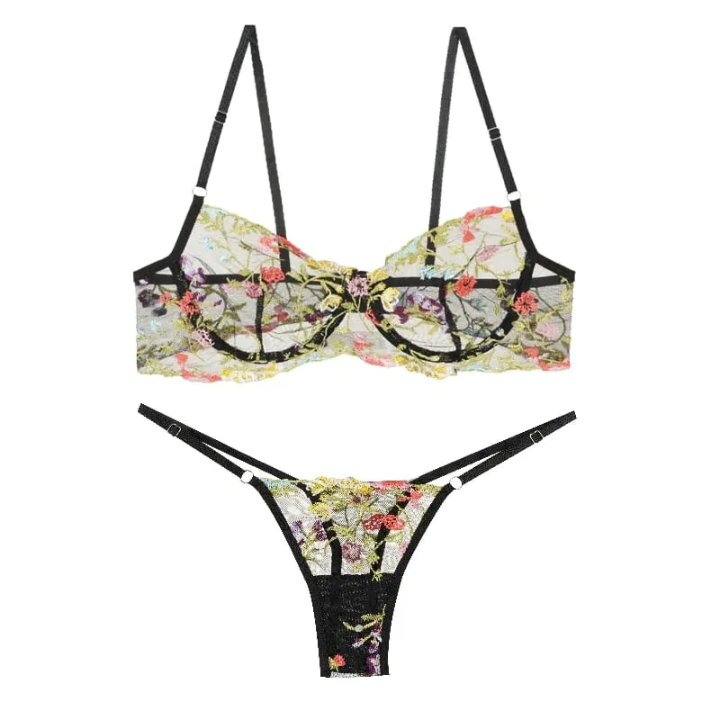 Women's New Sexy Embroidered Floral Lingerie Set Single-Layer Underwire Bra Thong Pants Hollow Transparent Out Lingerie Set — image 9