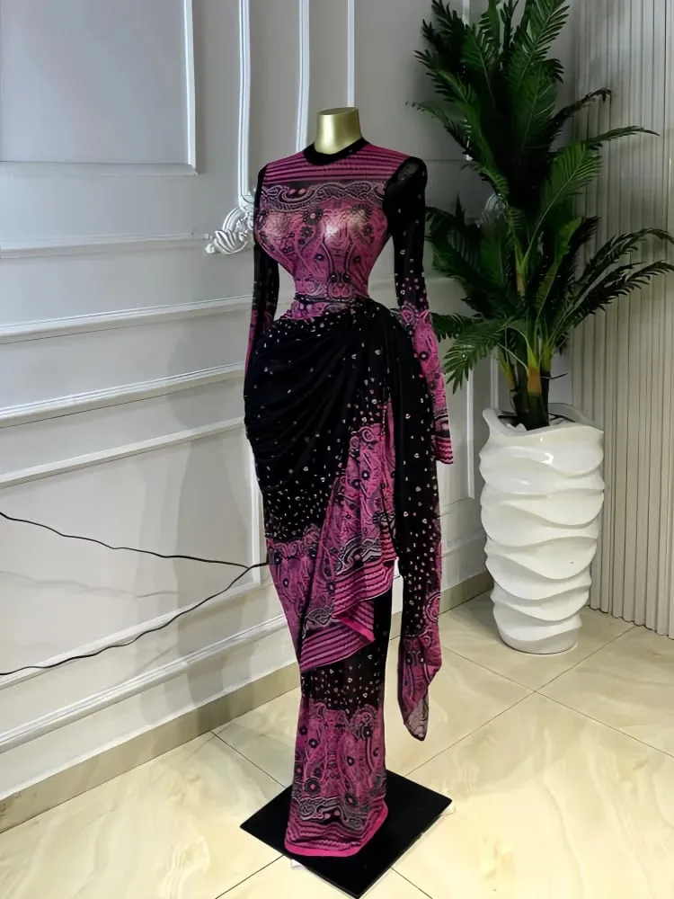 CM.YAYA Women Tie Dye Printed Stacked Ruched Long Sleeve Midi Bodycon Maxi Long Dress Birthday Party Education Trendy Dresses — image 2