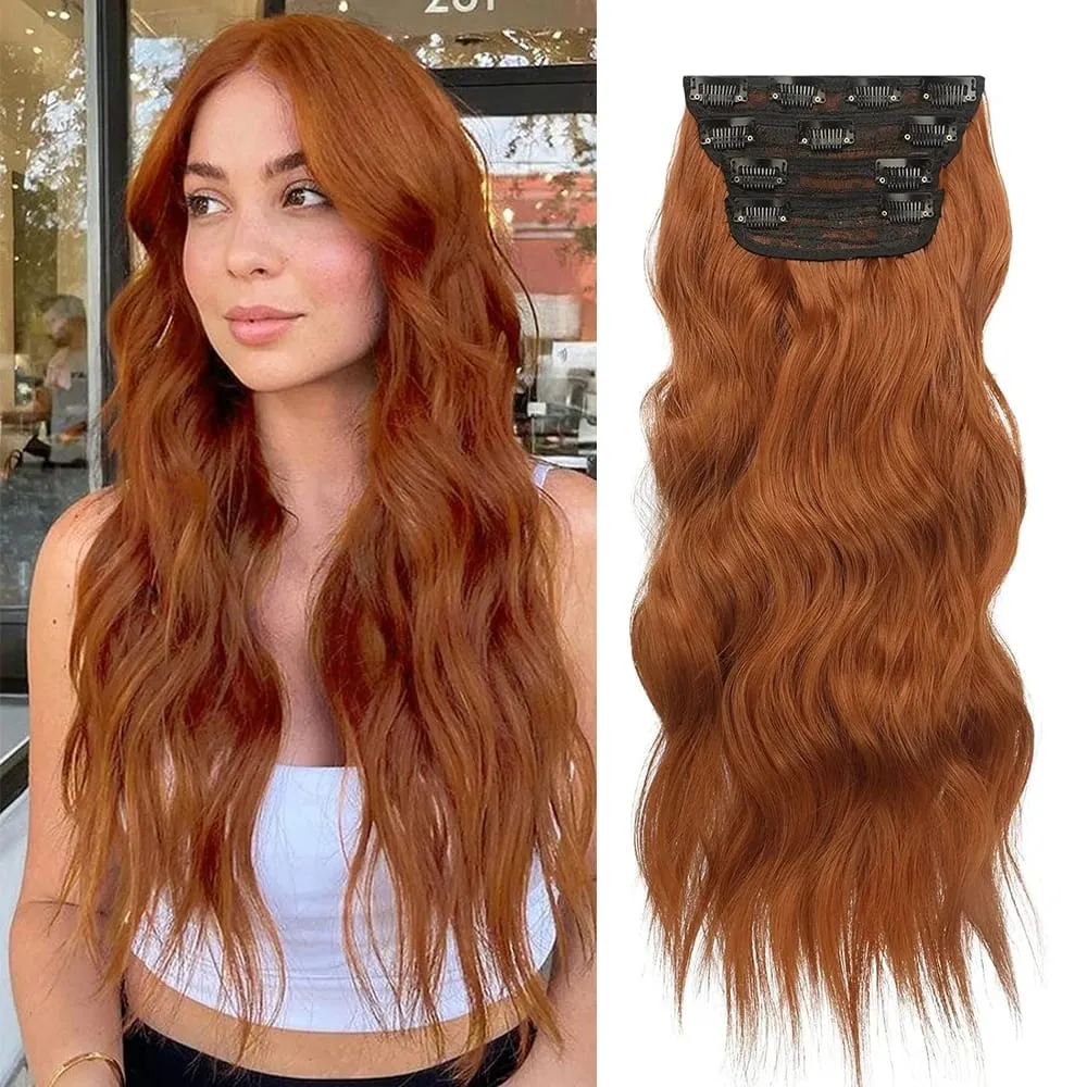 Copper Red Long Wavy Clip in Hair Extensions 20 Inch 4Pcs Double Weft Synthetic Hairpieces Full Head for Women Party Cosplay