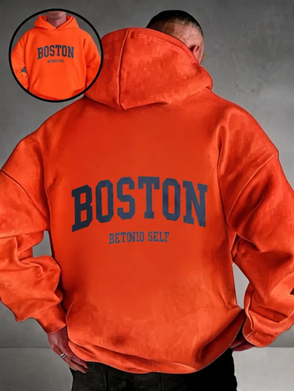 Oversized colorful hoodie, streetwear-style pullover, Boston Betonio back-print design, unisex casual wear, plus size.