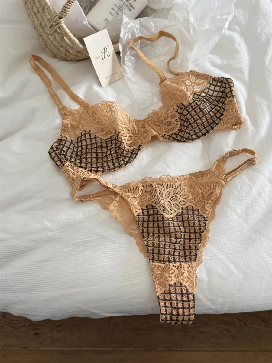 Bra lattice embroidery mesh underwear women small fresh top lingerie with panties support large breasts show small bra set — image 5