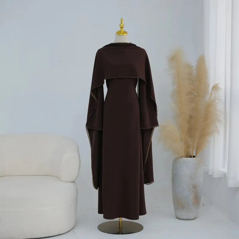 White Pearl Trim Cape Maxi Dress Women Elegant Long Sleeve Cinched Waist Muslim Robes 2026 Spring EID Abaya Lady Dresses — image 9