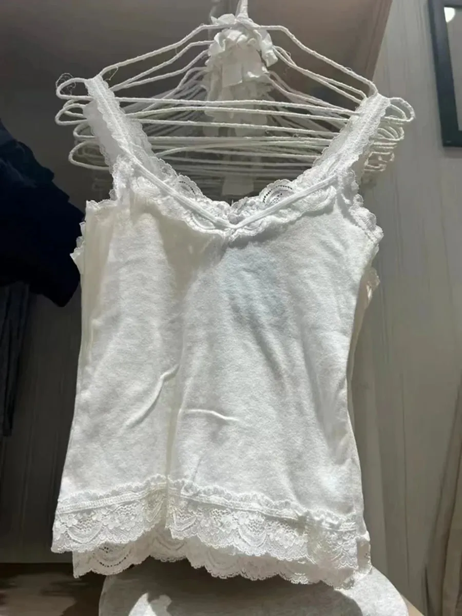 Sweet Lace Patchwork Slim Tank Tops Women Summer White Sexy Simple Cotton Soft Sleeveless Vests Female Vintage Chic Y2K Camisole