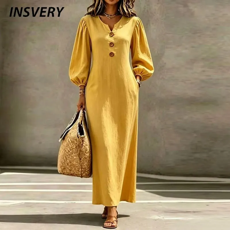 Vintage Casual Long Dress Women V Neck Wrist Puff Sleeve Loose Beach Holiday Dresses Women Casual Button Up Maxi Dresses Robe — image 1