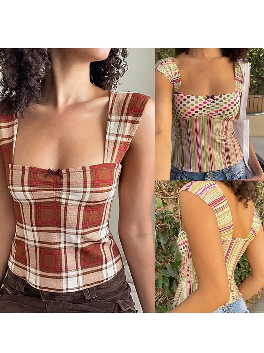 Summer Women Y2k Cottage Tank Top Vintage Plaid/Stripes Print Square Neck Cami Crop Top Party Club Vest 00s Retro Shirt — image 8