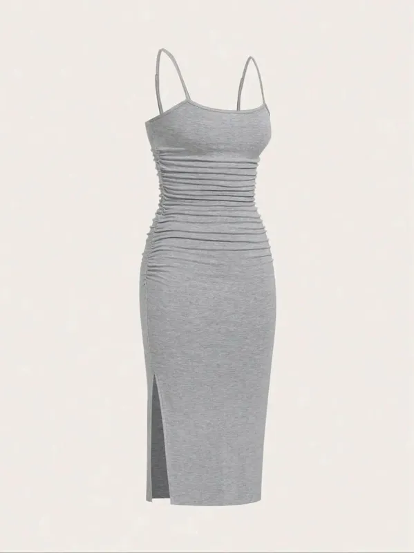 Women Spaghetti Strap Midi Dress Ruched Side Bodycon Slit Cami Pencil Midi Dress — image 7