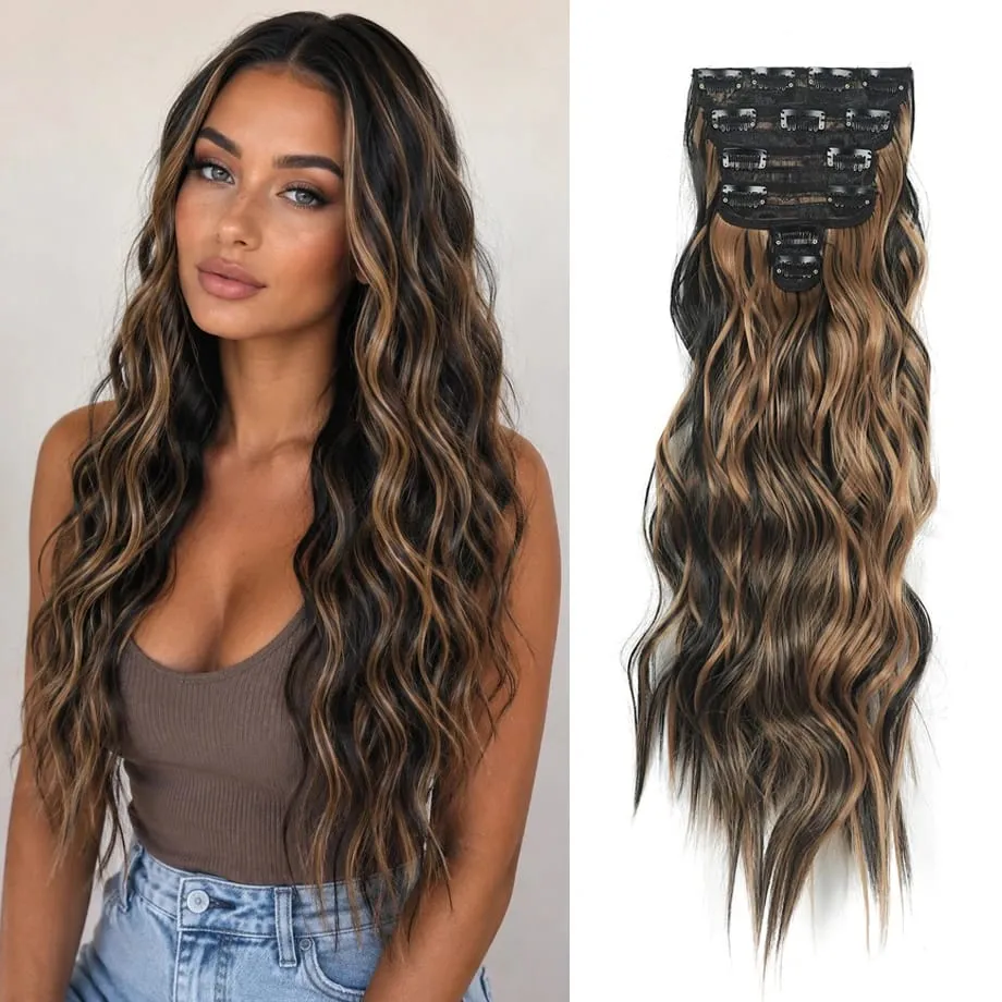 6PCS Clip in Hair Extensions Honey Blonde Mixed Light Brown 24 Inch Long Water Wavy Synthetic Hair Extensions For Women Use — image 1