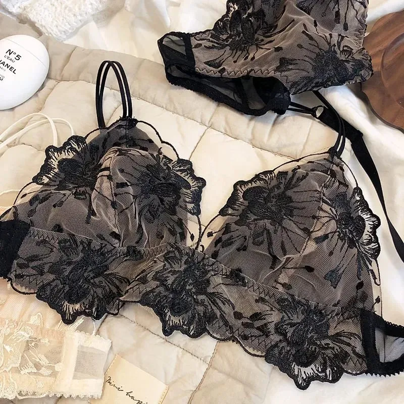 Conjunto de bralette de renda bordada, copo triangular, sutiã sem fio para seios grandes, lingerie ultrafina e respirável — image 5