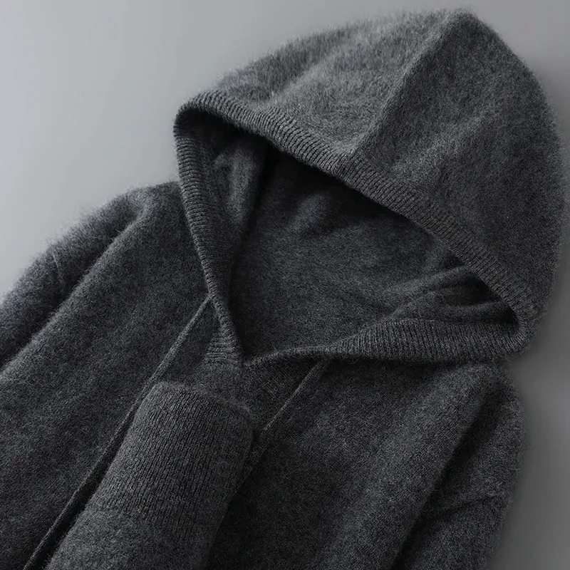 DjzDsm Autumn Winter Men's Sweater 100% Merino Wool Thick Hooded Pullover Soft Knitwear Casual Comfort Wool Clothing Tops