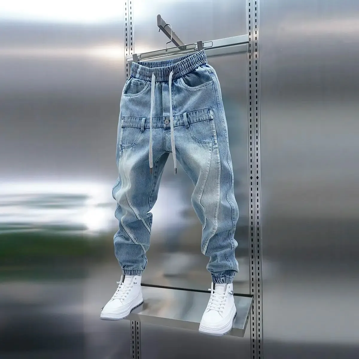 2026 Light Blue Gradient Harem Jeans Outdoor Casual Loose Fit Long Trousers Brand Men's Clothing
