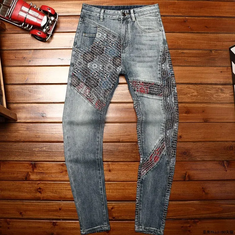 Stitching Embroidered Jeans Men's Contrast Color Fashion Stretch Slim Fit Skinny Personality Trend Fashion Motorcycle Trousers — image 9