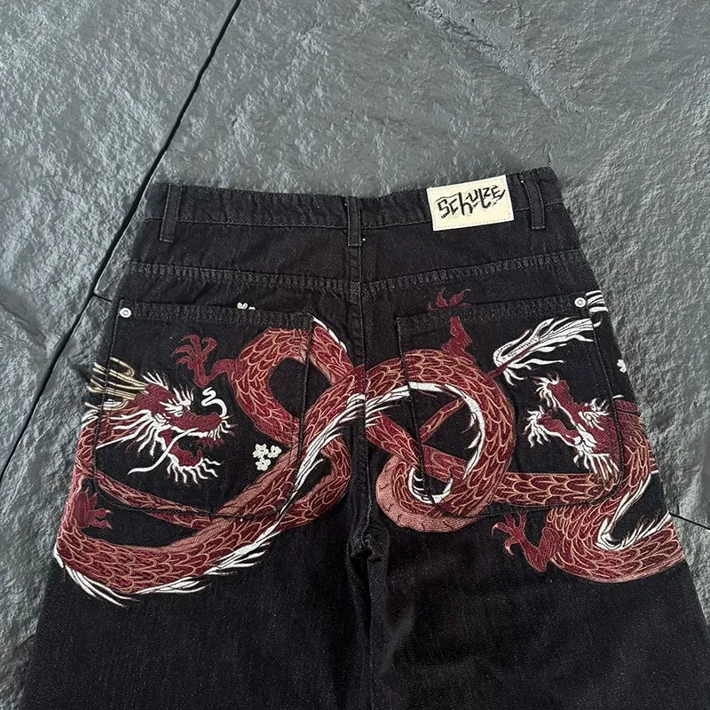 New DERSCHUTZE Unisex Jeans Loose Straight Leg Denim Pants Big Chinese Dragon Embroidery Retro Washed Black Street Trousers — image 7