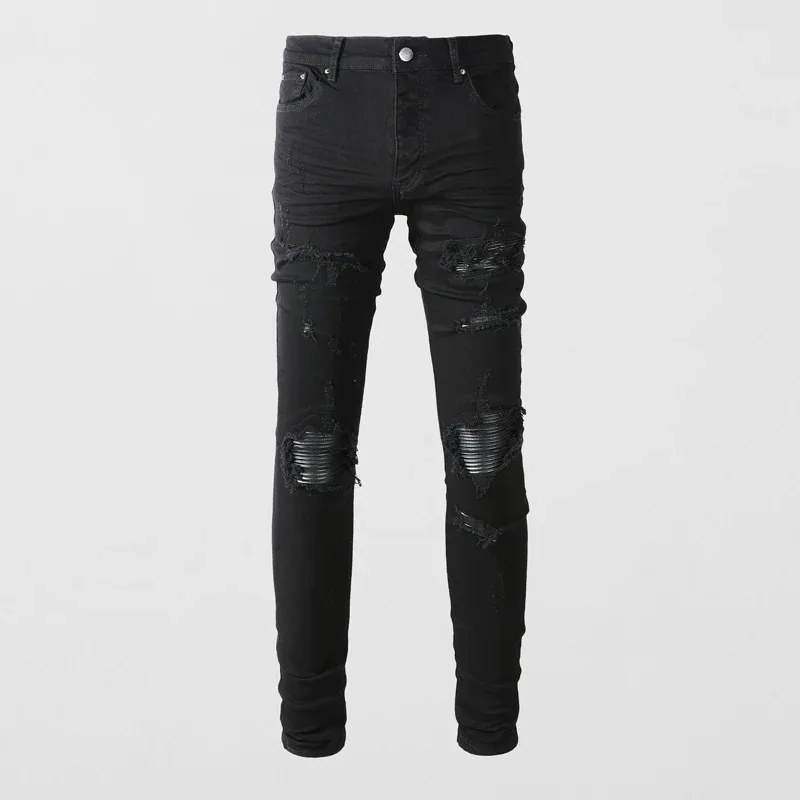 Fashionable New Men's Retro Blue Jeans With Pleated Elastic Perforated Blue Leather Patch Tight Tapered Pants Y2K — image 13