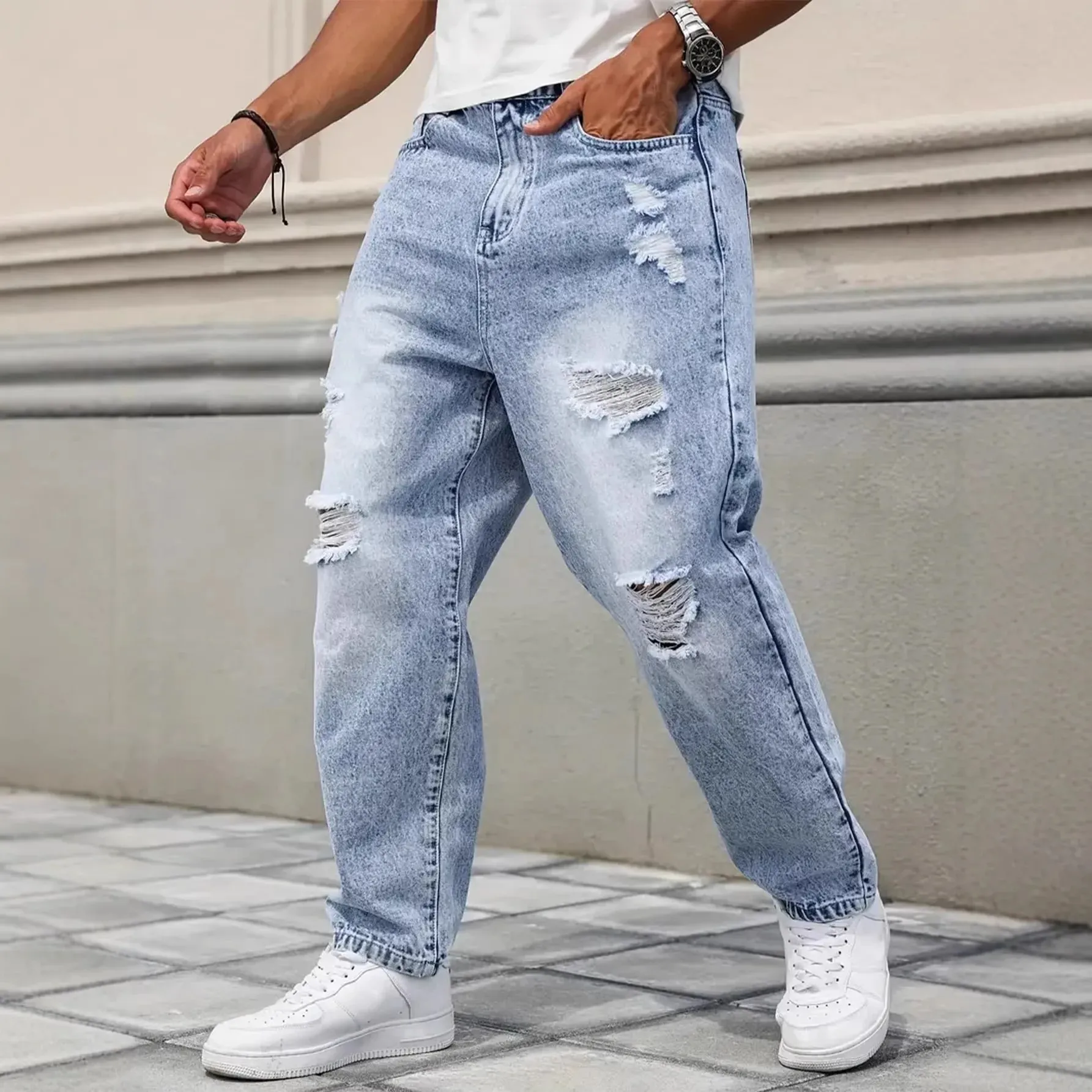 Light Blue Washed Ripped Frayed Denim Jeans For Men Non Stretch Straight Leg Loose Baggy Distressed Pants Vintage Y2K Hip Hop Da