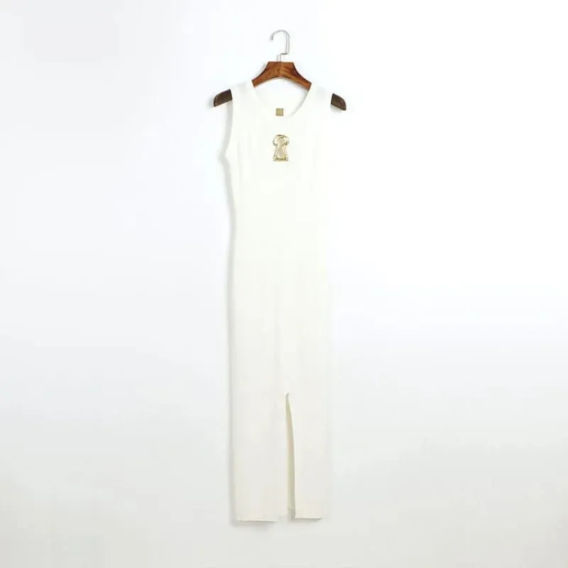 Sexy Hollow Out Vest Dress Women Summer Fashion Metal Button Knit Dresses Spicy Girl Sleeveless Slim Elastic Slit Long Vestidos — image 6