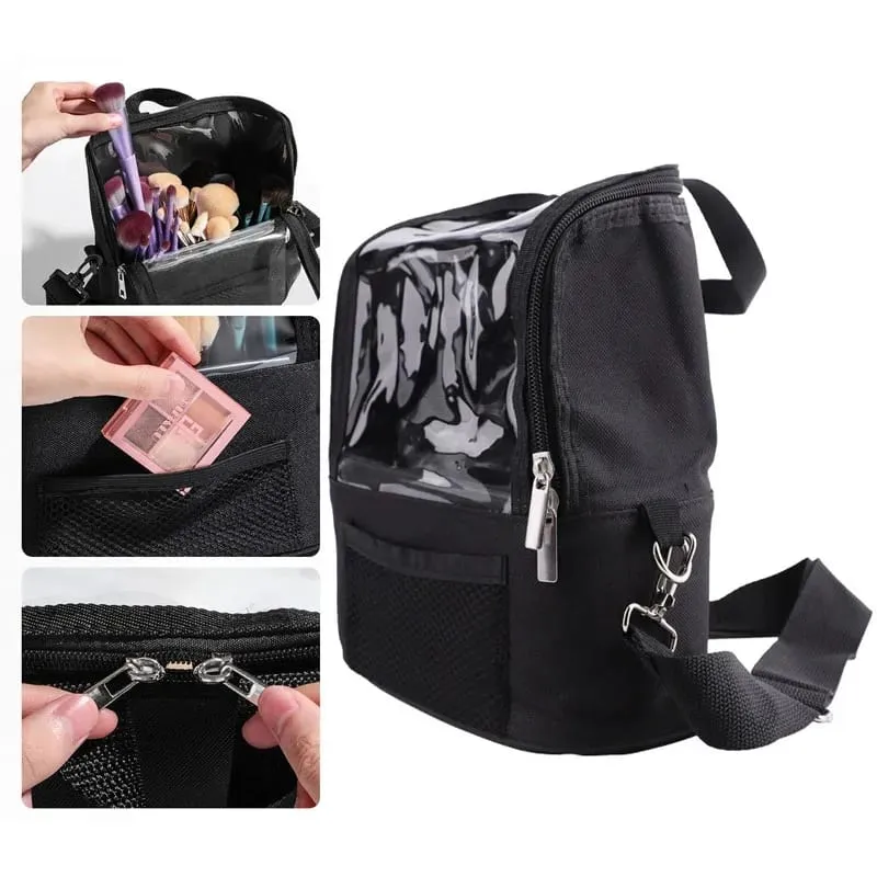 Clear Makeup Brush Holder with Lid Large Capatity Makeup Brushes Storage Bag Stand-up Makeup Artist Bags With Strap and Dividers — image 3