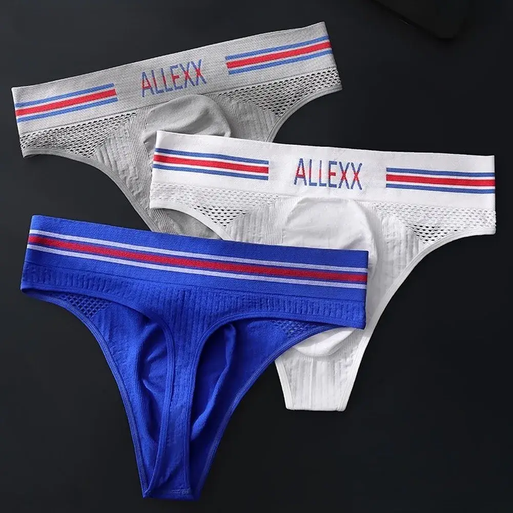 1pc Men's G-String Underwear 3D Bulge Pouch Striped Letter Printing Briefs Elastic Mesh Breathable Comfortable Thongs