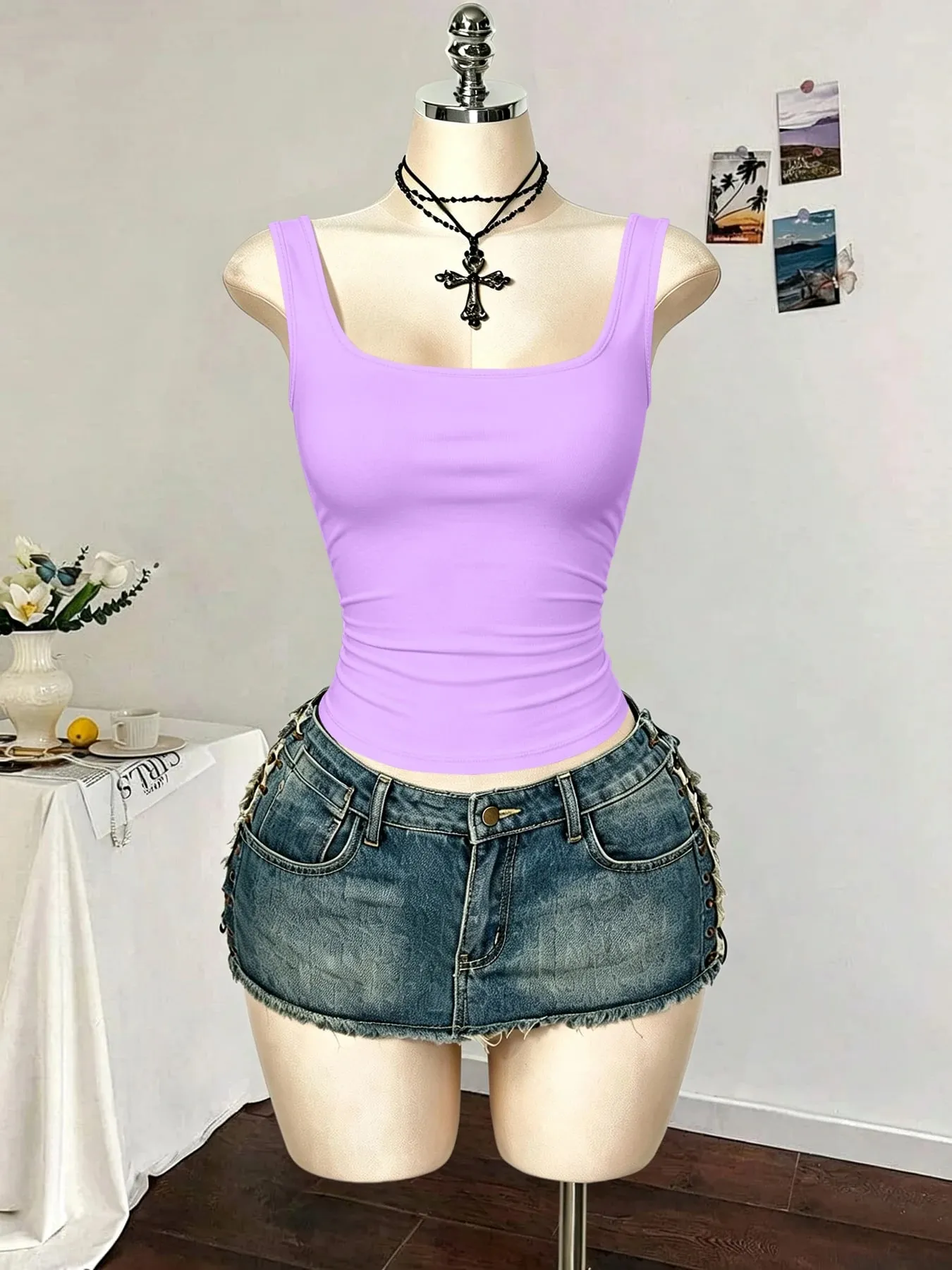 Women Square Neck Wide Strap Ribbed Tank Top Sleeveless Fitted Slim Casual Cami Top — image 13