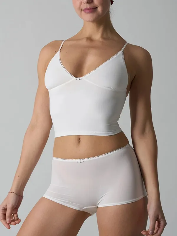 Solid Thin Seamless Lingerie Set Women Lace Trim Triangular Cup Camisole With Boxer Shorts High Elasticity Slim Floral Bra Sets