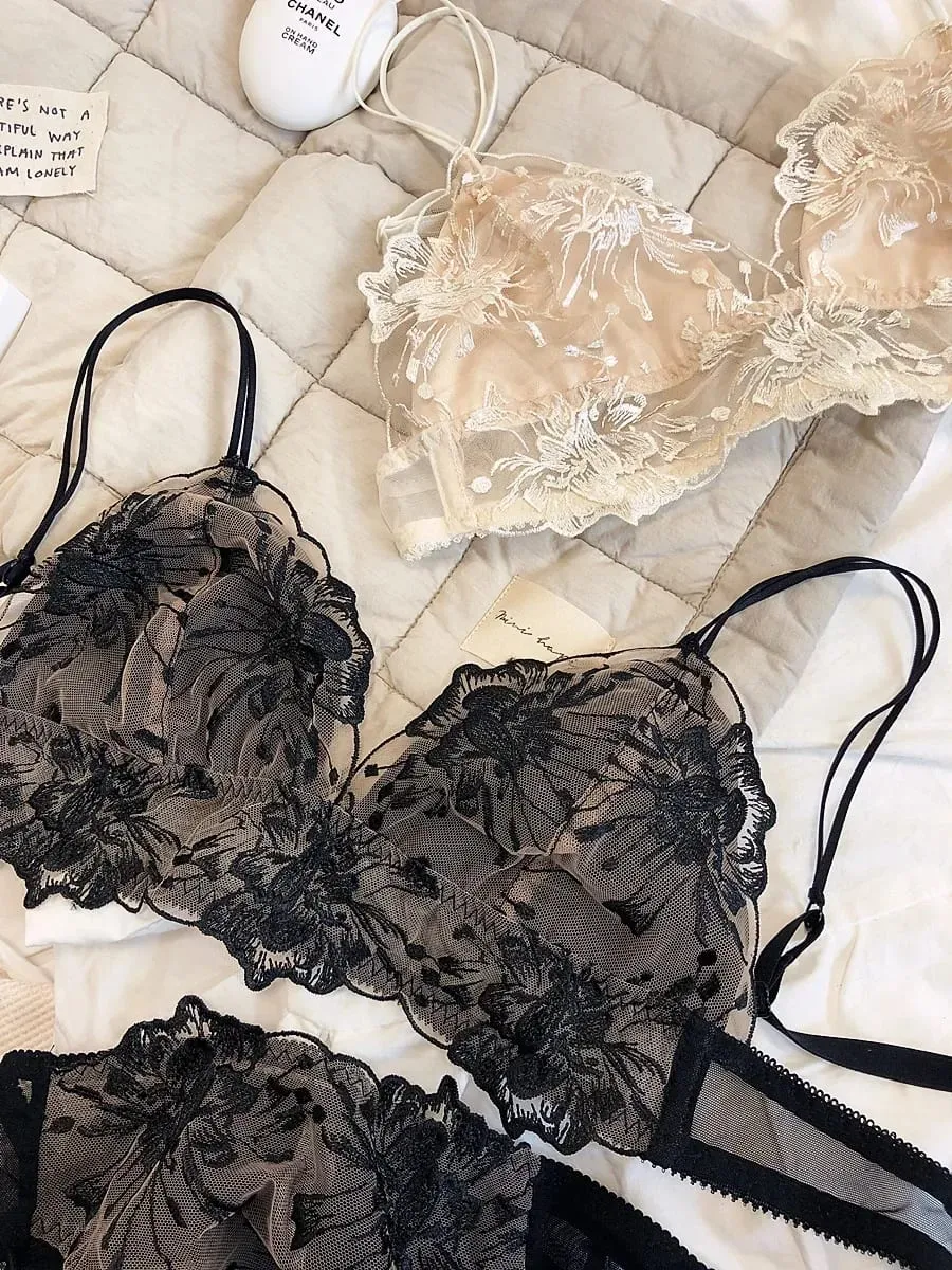 Conjunto de bralette de renda bordada, copo triangular, sutiã sem fio para seios grandes, lingerie ultrafina e respirável — image 4