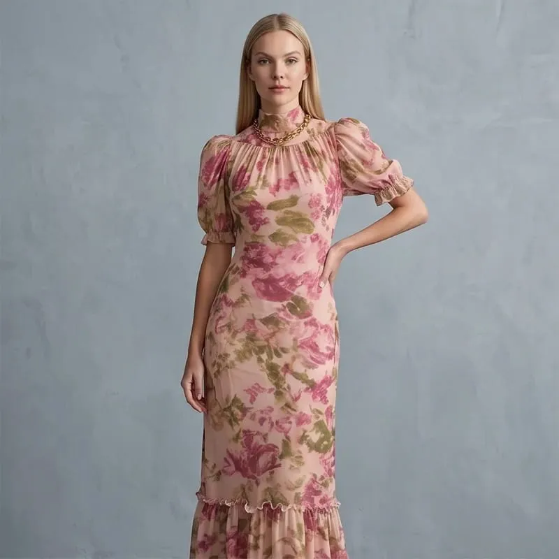 Women Chic Pink Floral Print Maxi Vestido Elegant V Neck Ruffle Trim Flare Sleeve Ruched High Chiffon Dress 2026 Party Outfit — image 15