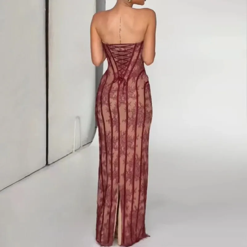 Elegant Chic Gauze Fishbone Party Gown Off-shoulder Strapless Maxi Dress Women Lace Shaping Waist Vestidos 2026 Evening Dresses — image 5