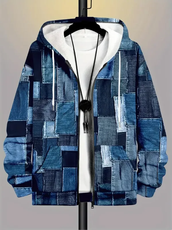 Retro Plaid Print Patchwork Zip Up Hoodie Men's Clothing Hot Style Long Sleeve Pullover Trend Streetwear Men Zip Up Hoodies — image 4
