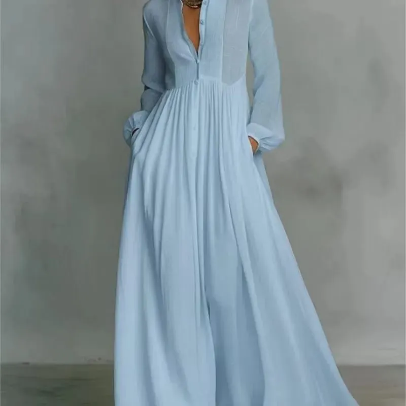 Women's Elegant Single Breasted Long Dress 2026 French High Waist Solid Pockets Pleated Maxi Evening Dress — image 5