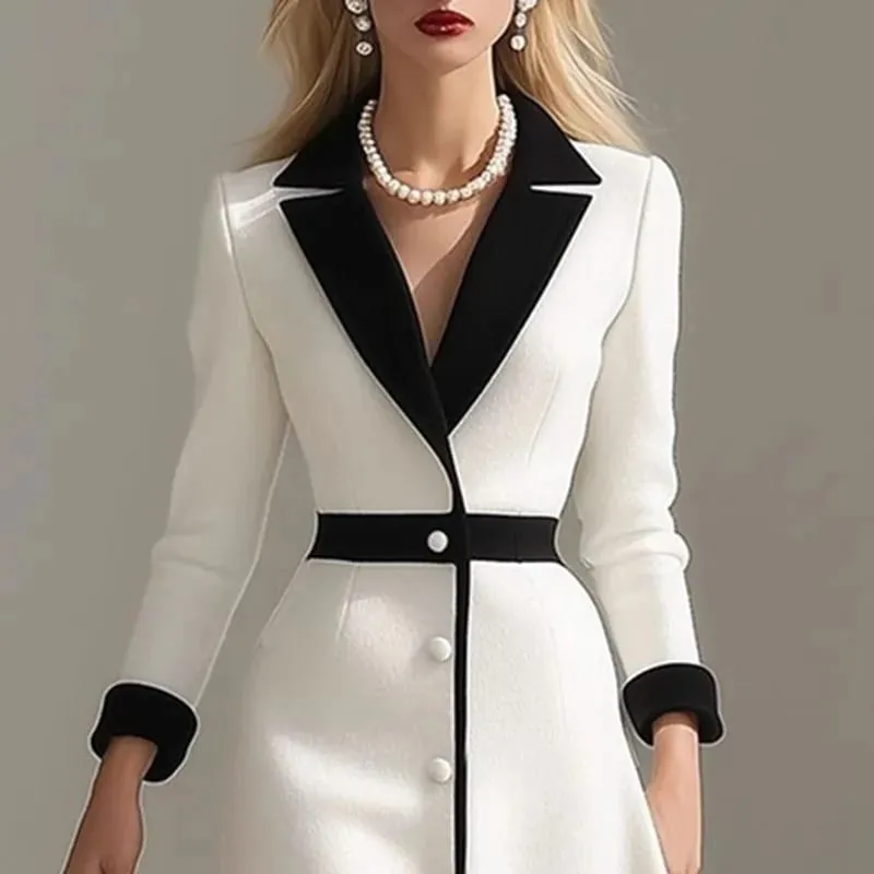 French Color Block Notched Collar Blazer Dresses Woman Button Decoration A-Line Office Dress Fall 3/4 Sleeve Elegant Party Dress — image 3