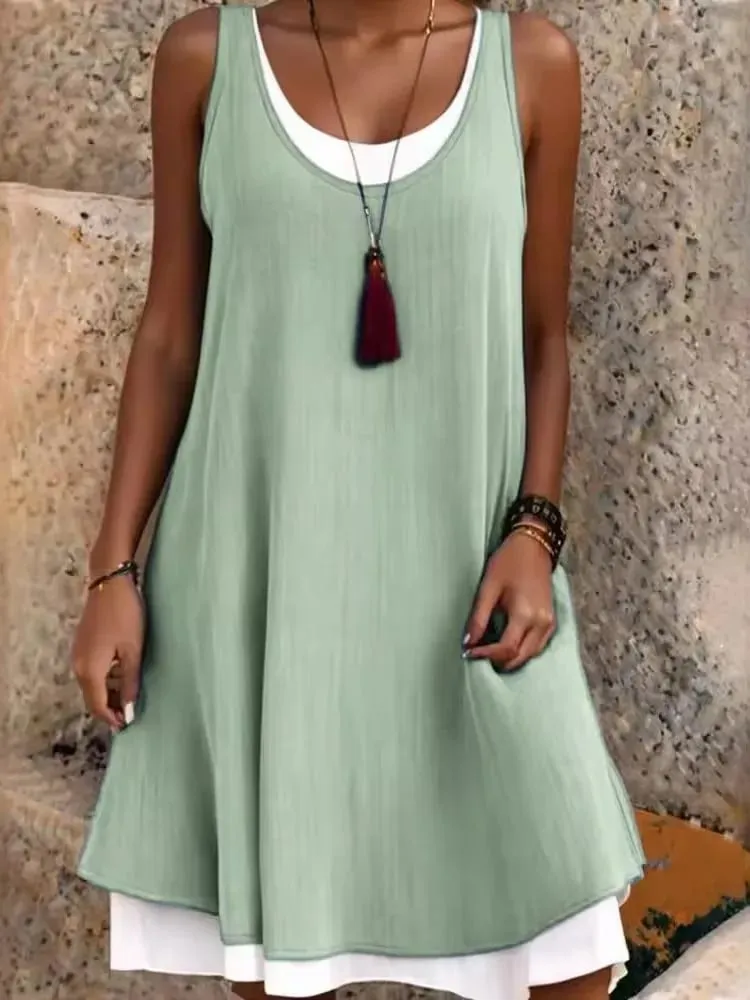 Summmer Women's Solid Dress Casual Sleeveless Fake Two Piece Loose Dresses Female O Neck Office Holiday Beach Party Dress New — image 6