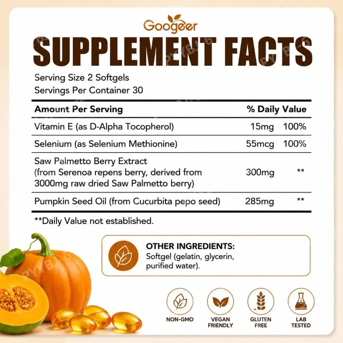 Googeer Pumpkin Seed Oil Softgels with Saw Palmetto 3000mg Hair Health Bladder Comfort Sleep Support Supplement 60 Softgels — image 2