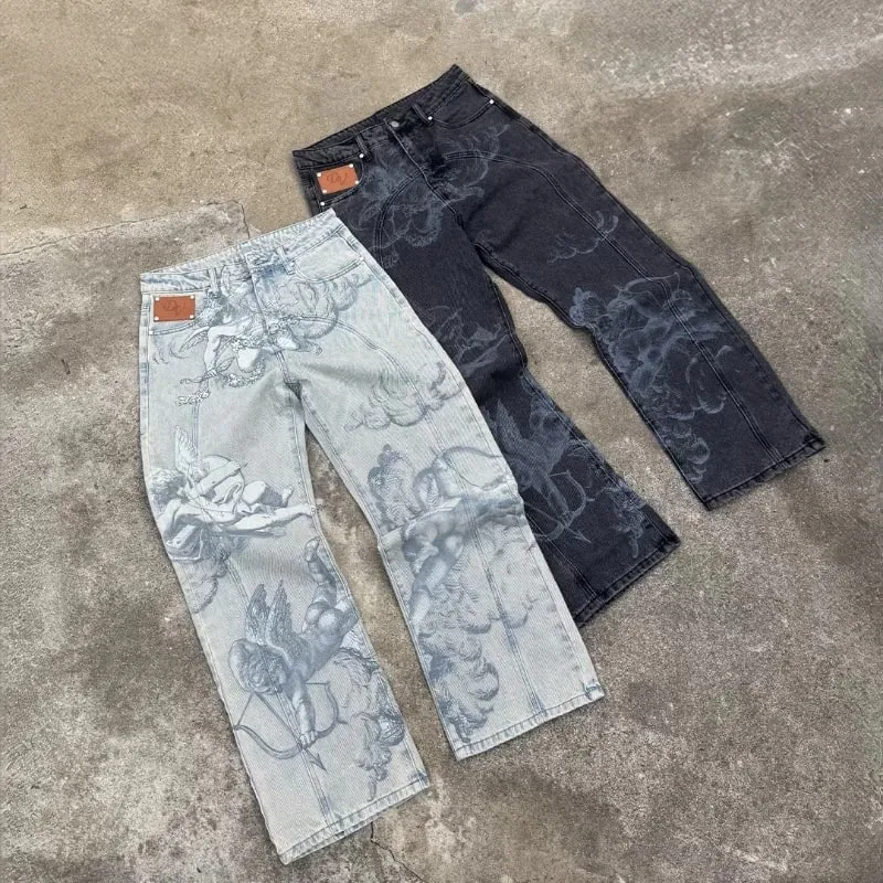 Y2k American Hip Hop Streetwear Angel Baggy Jeans Retro High Street Cupids Arrow Men Women Pants Unisex Casual Straight Jeans — image 5