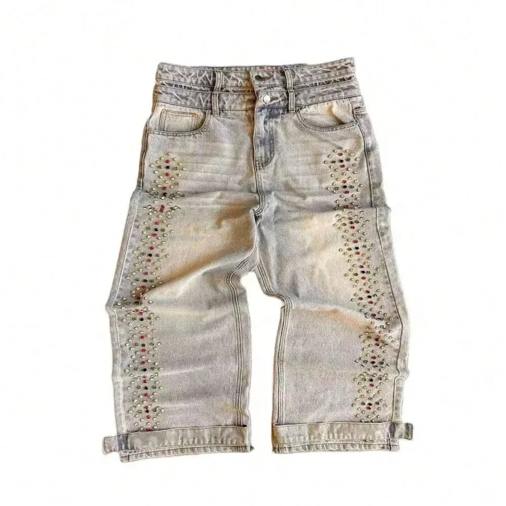 Men Y2K Rhinestone Rivet Decorated Wide Leg Jeans Vintage Washed Distressed Denim Pants Hip Hop Streetwear Baggy Trousers