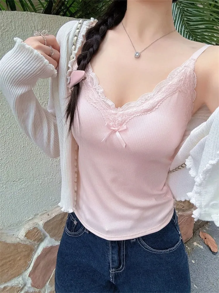 Spaghetti Strap Camis 2026 Summer Lace Ribbed Women Tank Top With Built In Bra Pads Slim Fit Crop Top For Inner & Outer Wear — image 3