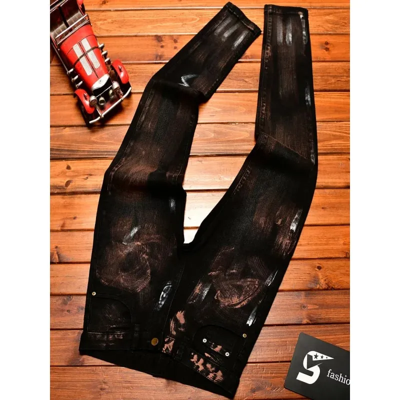 2025 Autumn Black Jeans Men's Inkjet Graffiti Printed Street Men's Clothing Nostalgic Trend High end Retro Denim Pants — image 4