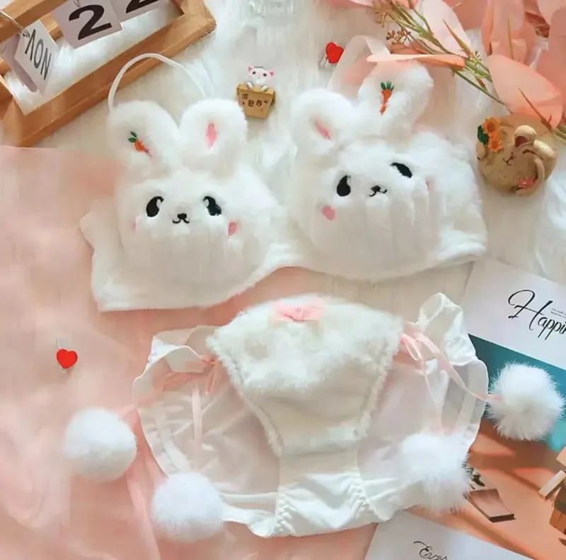 Cute Cat Paw Plush Lingerie Set for Women Warm Winter Bra & Panty with Ears Comfortable Kawaii Underwear — image 16