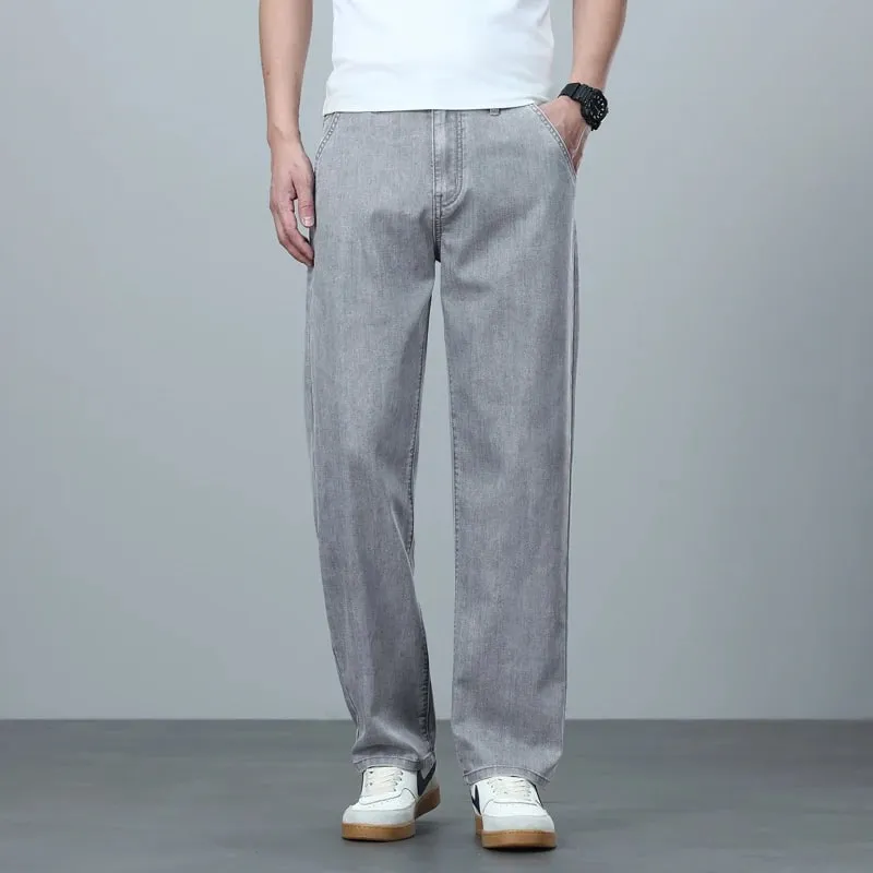 High Quality Spring Summer Lyocell Men's Jeans Loose Straight Wide Leg Casual With Slant Pockets Trousers Male Plus Size 40 — image 4