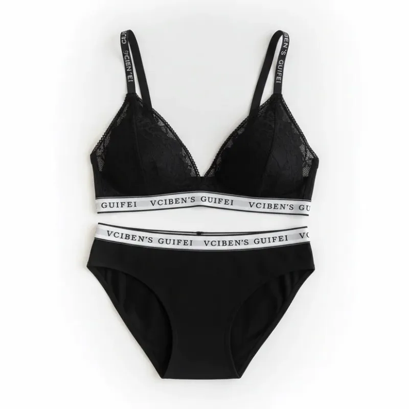 Bra Suit Letter Design Lingerie Set Lace Deep V Women Underwear Suit Color Blocking Wireless Bra Panties Set Gift — image 5