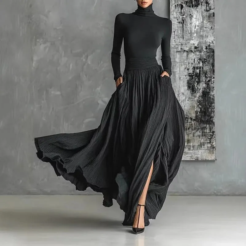 France Elegant Two Piece Skirt Set for Women's Pockets Solid Minimalist Split Hem Pleated A Line Vintage Turtleneck Slim Suits
