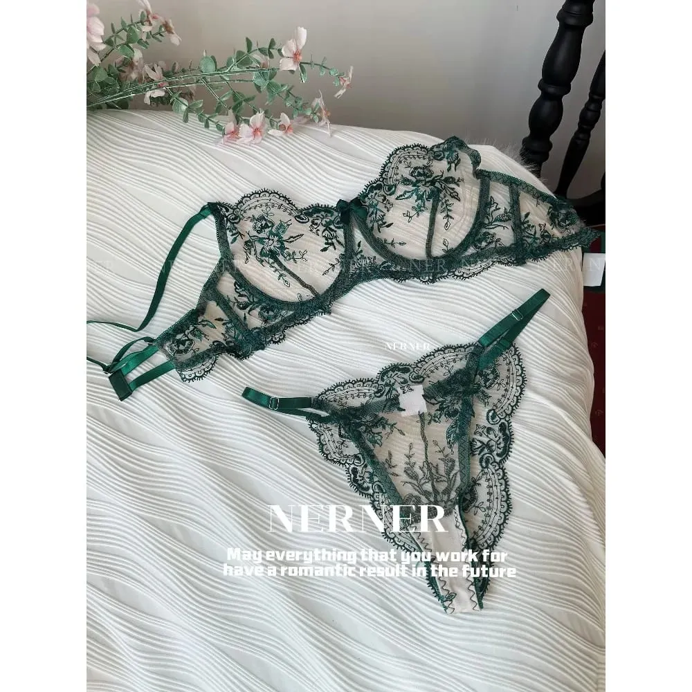 French Style Mesh Embroidery Lace Bra Set With Underwire Slightly Sheer Thin Lingerie Minimizer Bra For Big Bust S-XL — image 3