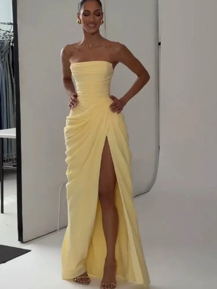 Elegant Yellow Strapless Pleated Dress Women Chic Sleeveless Waist Cinching Split Maxi Gowns 2026 Lady Evening Party Dresses — image 1