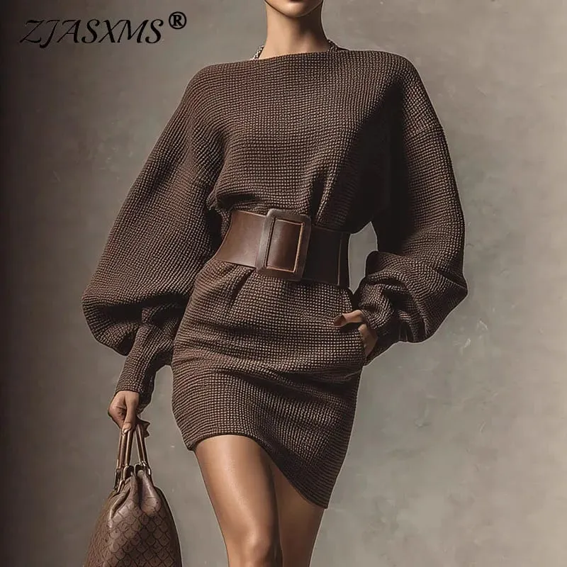 Fall Winter Solid Color Knit Sweater Dress Woman Sexy Slash Neck Sashes Slim Mini Dress Retro Batwing Long Sleeve Pullover Dress