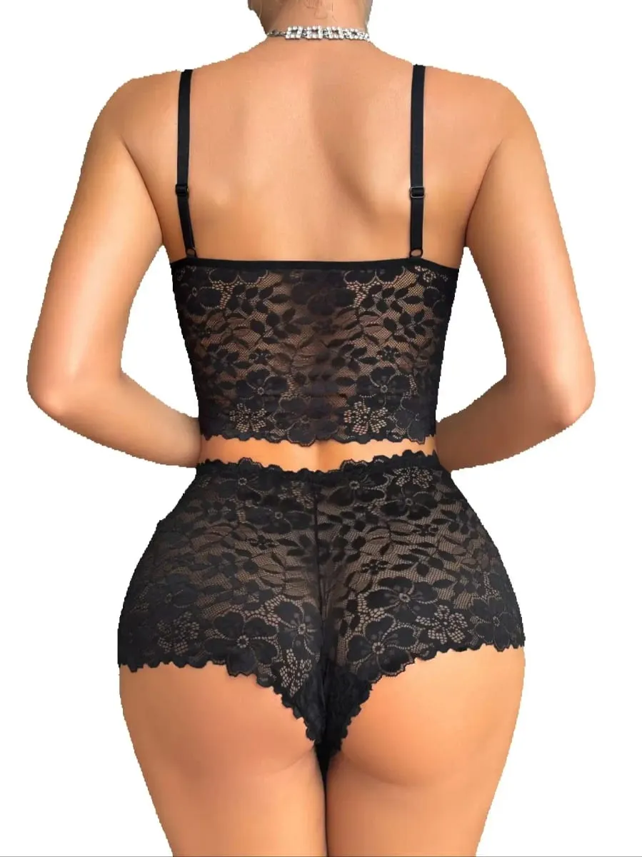 Sexy Lace Women's Underwear Set Wireless Unlined Bra Breathable Sheer Panties Solid Lingerie Set — image 3