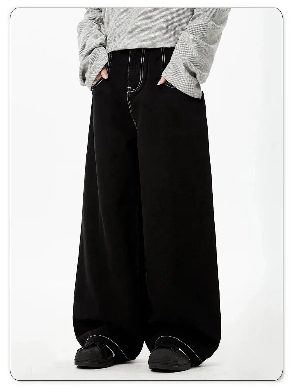 Spring Summer Men's Retro Black Baggy Wide Leg Jeans American Basic Unisex Daily Casual Denim Pants Women's Black Stacked Jeans — image 9