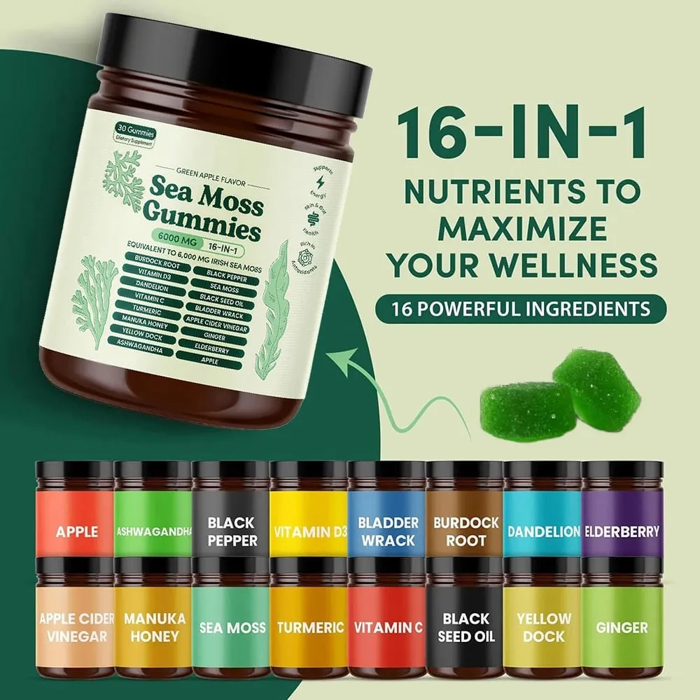 Sea Moss Gummies 16-in-1 Ashwagandha Black Seed Oil Bladder Wrack Turmeric Vitamin C D3 with Manuka Burdock Root Dandelion Apple — image 4
