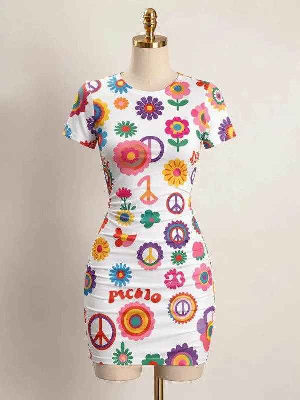 Womens Short Sleeve Bodycon Mini Dress Slim Fit Crew Neck Floral Print Casual Summer Party Cute Comfy Vacation Vacation Sundress — image 8