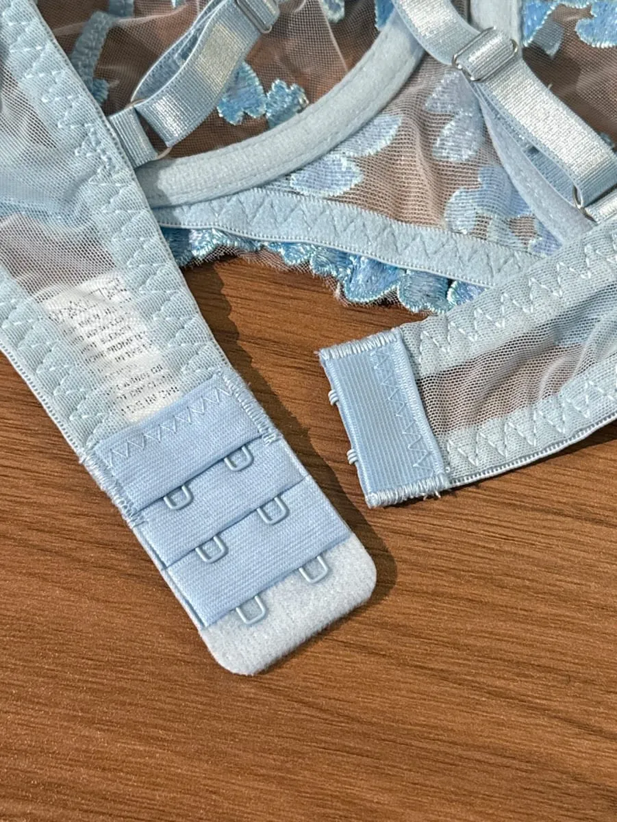 French Romantic Dreamy Light Blue Heart Embroidery Lace Underwear Set with Transparent Mesh Butterfly Knot Shoulder Strap Design — image 4