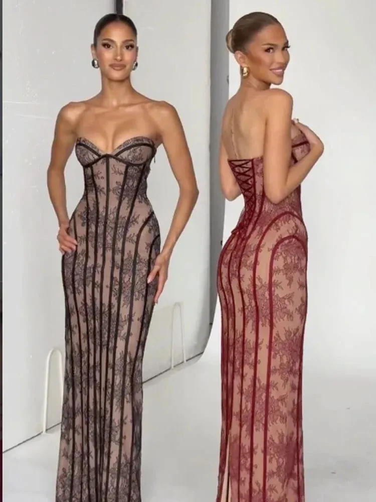 Women Strapless Tulle Fishbone Dress Backless Off Shoulder Printed Patchwork Slim Maxi Dresses 2026 Lady Chic Party Evening Gown — image 3