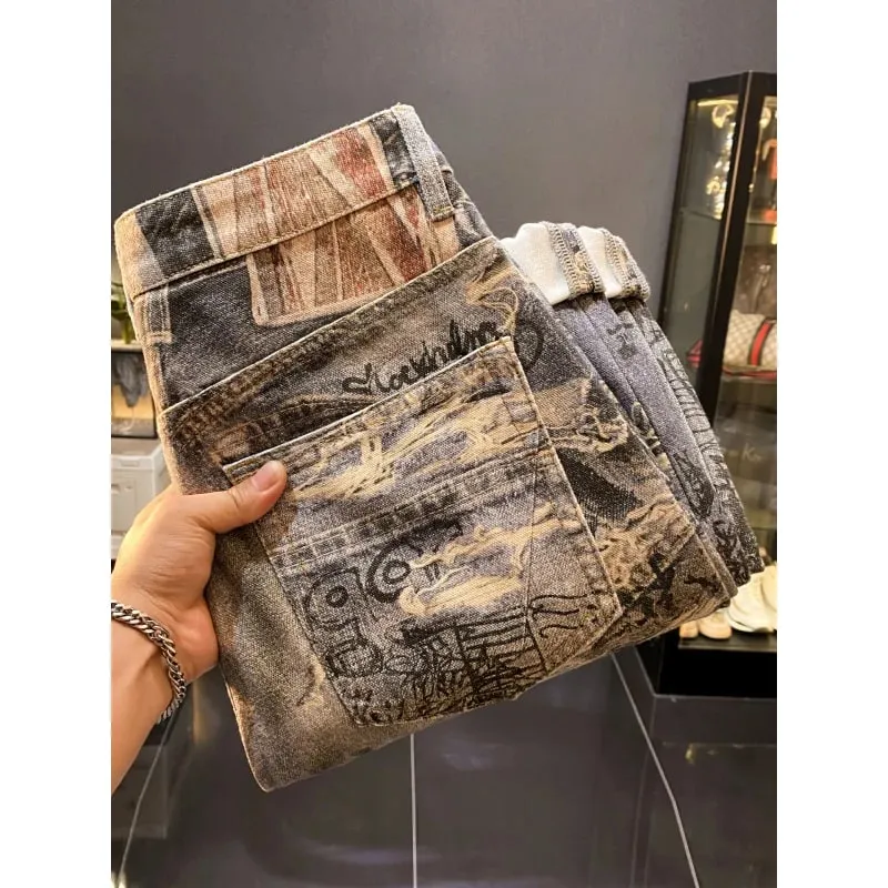 American high-end retro printed design jeans men's 2025 autumn new cool and loose straight leg long pants — image 5