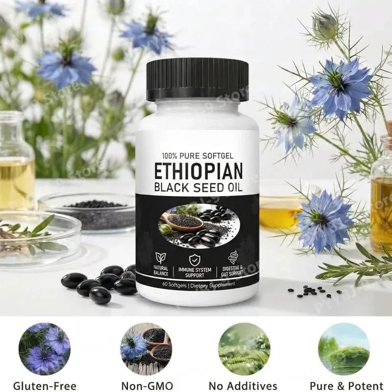 เอธิโอเปียน้ำมันเมล็ดสีดำSoftgels 800Mg Cold PressedสมุนไพรสารสกัดจากแคปซูลDaily Wellness BalanceสนับสนุนNon GMO 60 นับ